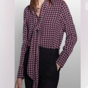 EQUIPMENT FEMME - LUIS BLOUSE STAR in red black white long sleeve + Tie Size SP